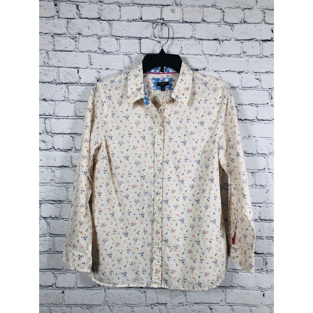 Talbots Women Petite Floral Blouse Button Down Long Sleeve Cream Blue LP